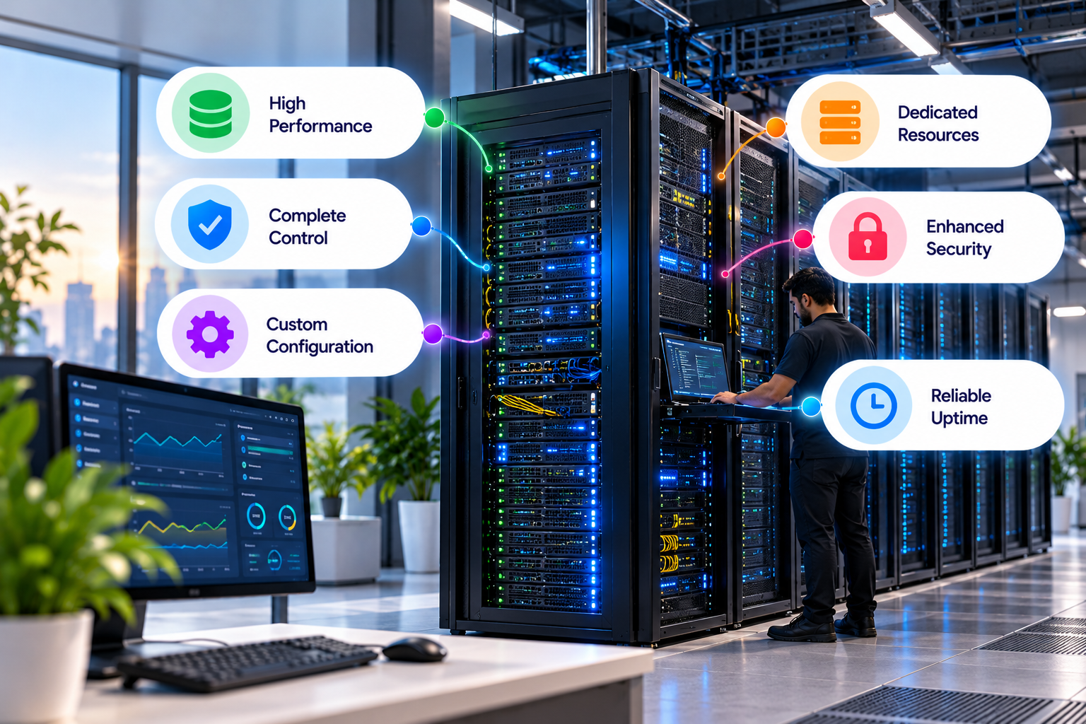 Dedicated server hosting equipment and management dashboard