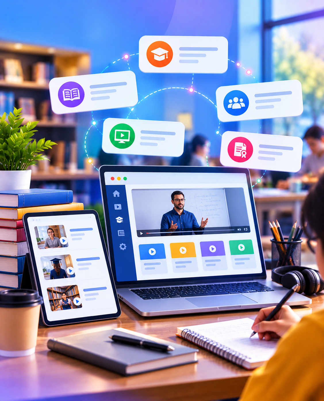Online learning platform on laptop and tablet with video lessons, courses and study materials