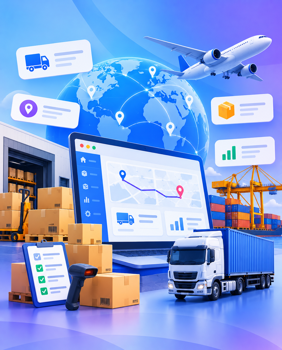 Shipment tracking dashboard with delivery trucks, parcels, a warehouse and a global route map