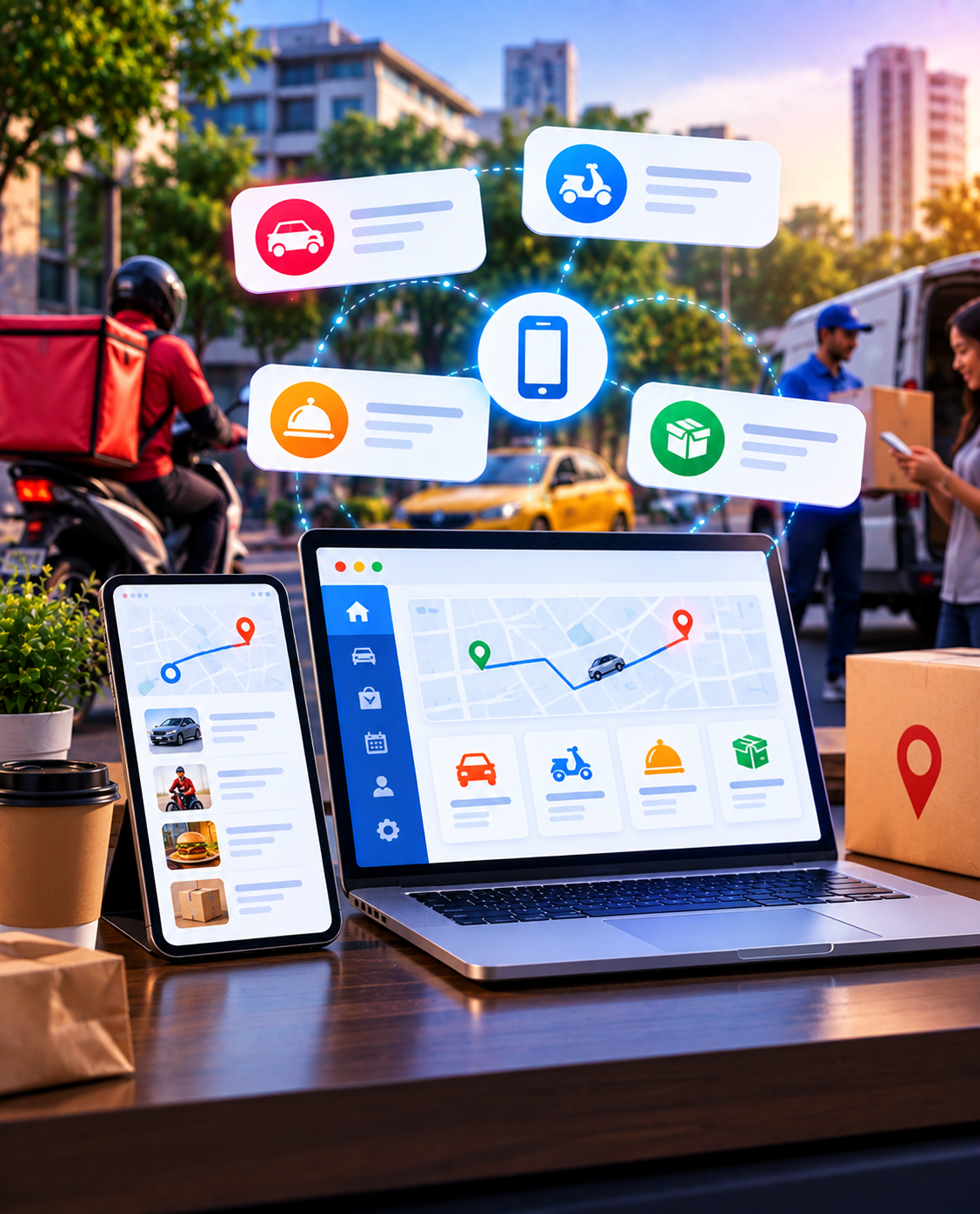 On-demand booking and delivery dashboard on a laptop and phone with local service options